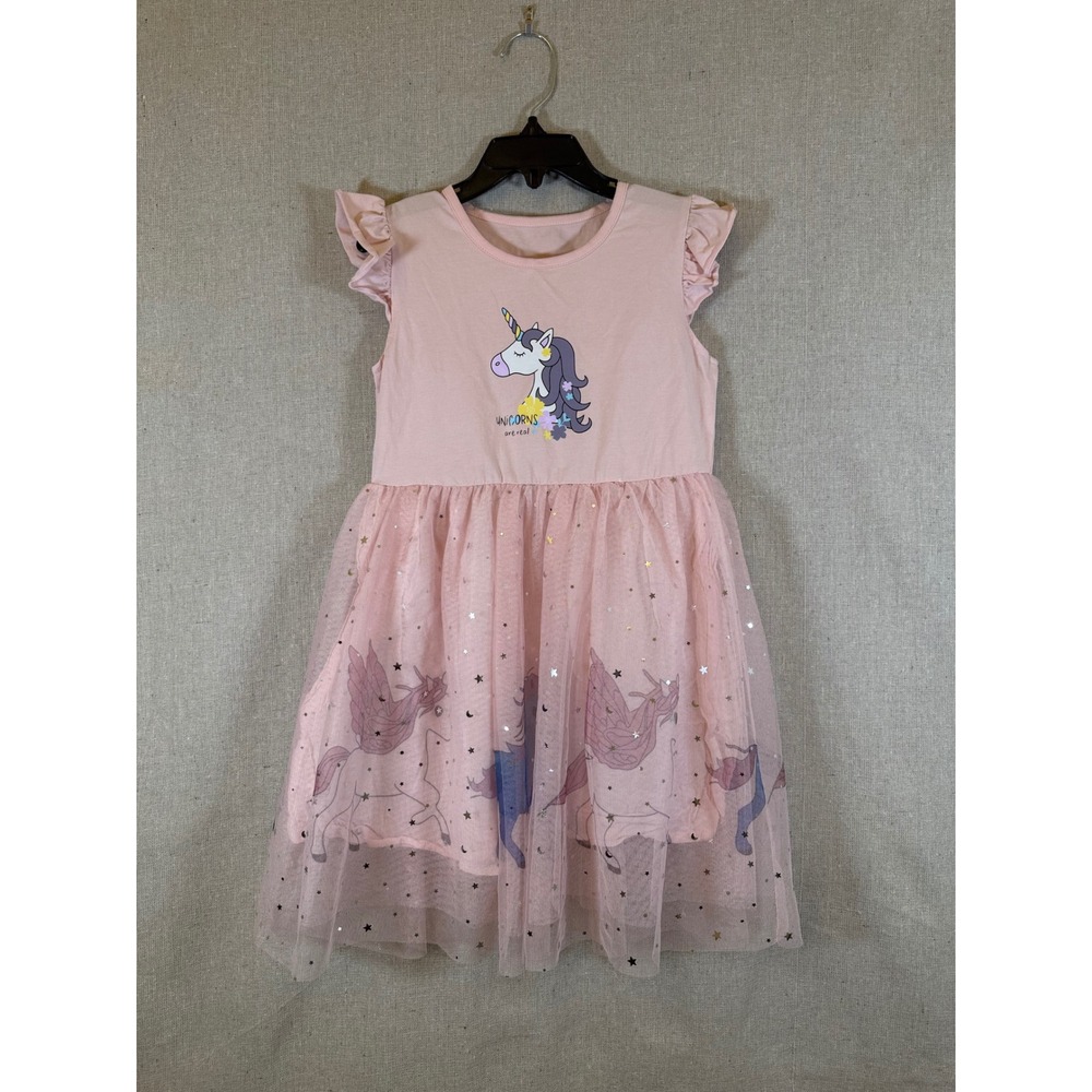 SHEIN Girls Pink Unicorn Pegasus Tulle Star Moon Flutter Sleeve Dress skdress